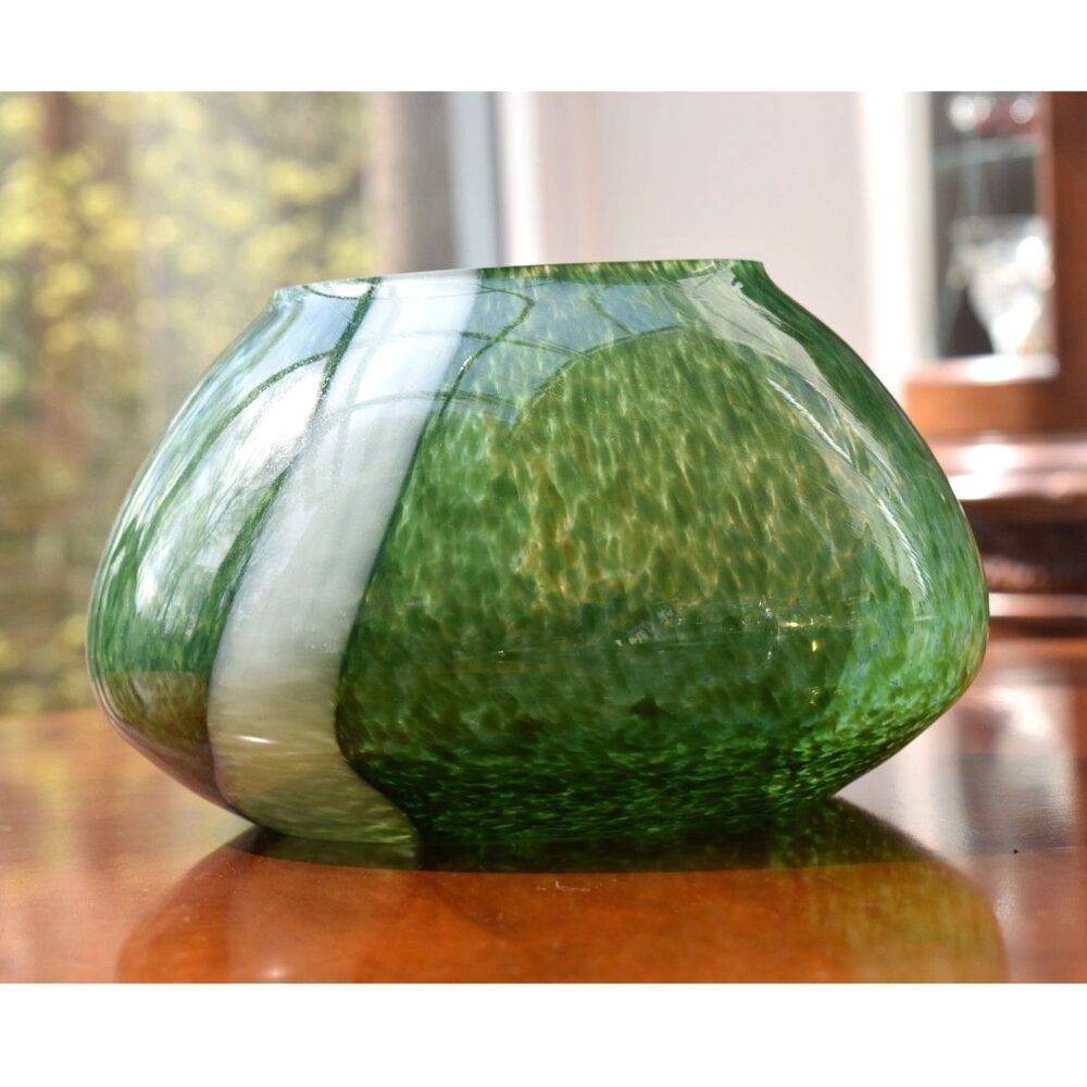 Vintage Hand Blown Studio Art Glass Vase - Mottled Green White Stripe - 8"